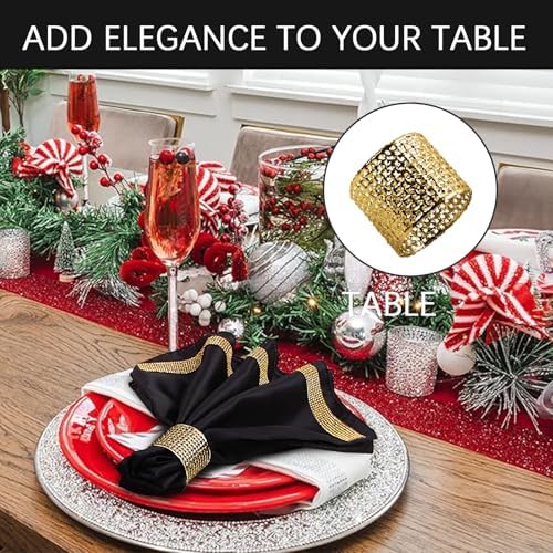 VIJIV 12 Pack Cloth Napkins and Gold Napkin Rings Set of 6, 17x17 Bling Trim Satin Cocktail Napkins Cloth Washable Personalized Dinner Napkins for Wedding Party Holiday Decorative - Image 5
