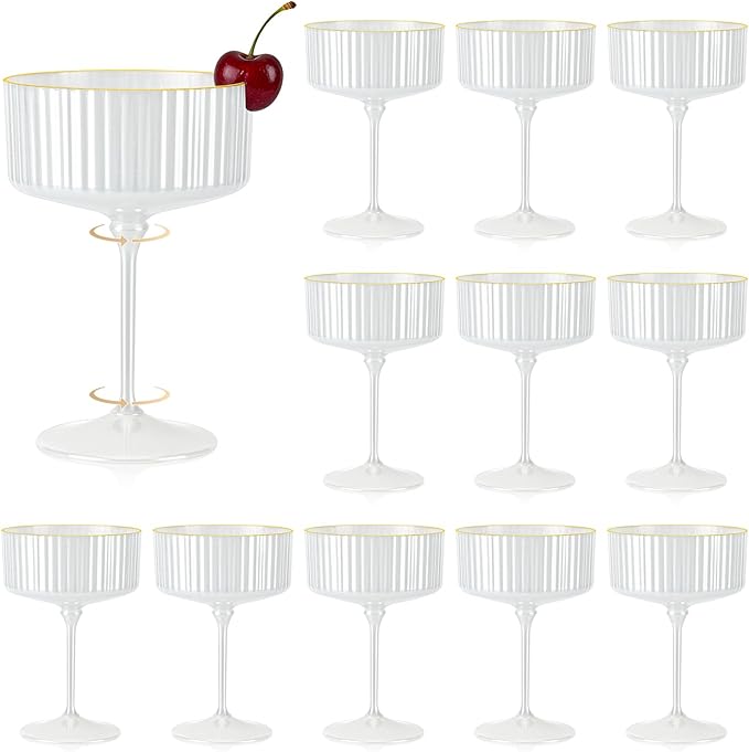 12 PCS Champagne Martini Glasses Pearl White 10 oz Espresso Martini Glasses Gold Rim Disposable Plastic Ribbed Coupe Glasses Vintage Cocktail Glass Champagne Coupe Cup For Wedding Anniversary