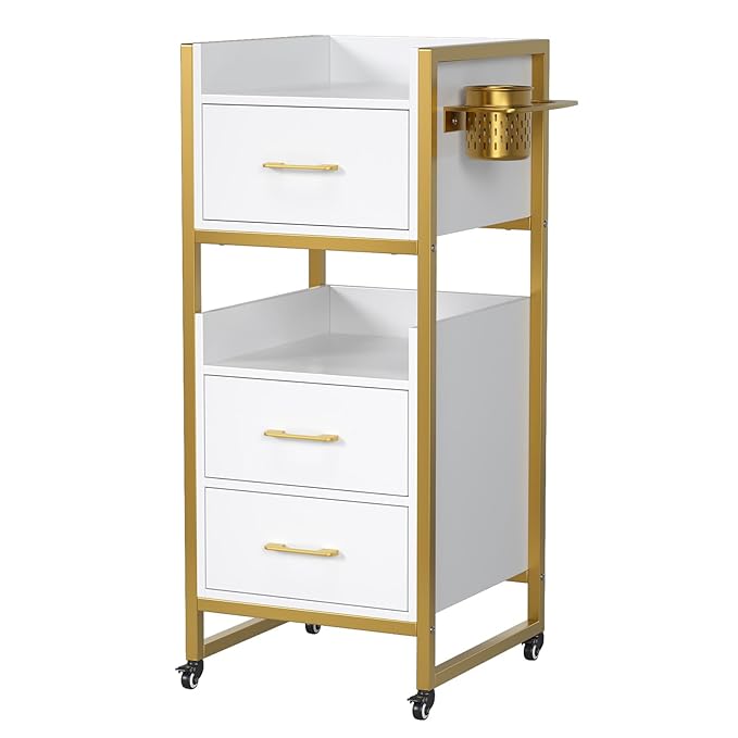 OmySalon Salon Trolley Cart, Hair Styling Station with 3 Drawers, 2 Open Shelf & Tool Holders, Mobile Barber Storage Cabinet Utility Trolley for Beauty Salon Spa,White