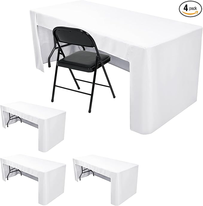 Nasitos 4 Pack White Tablecloth Fitted for 6 Foot Rectangle Tables-Open Back Table Cover Washable and Wrinkle Resistant Table Cloth for Parties, Wedding, Banquet, Jewelry Shows, Craft Fair, Trade Show