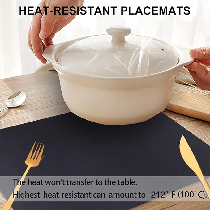 Faux Leather Placemats with Rounded Corners Set of 4,Wipeable&Washable Place Mats,Waterproof&Oilproof Table Mats,Heat-Resistant,Non-Slip for Kitchen Table(Black,4)