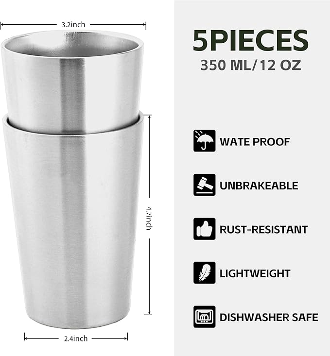 5 Pack 12 oz Stainless Steel Insulated Cup, Double Wall Vacuum Small Metal Cup, Reusable Camping Cups Unbreakable Indoor Outdoor for Party, Home, Office, BBQ, Sliver