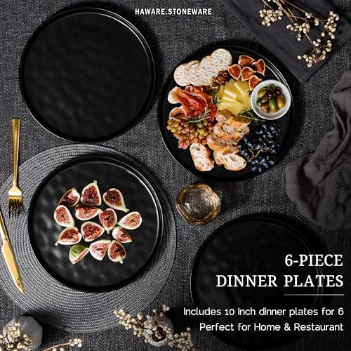 HaWare Stoneware Dinner Plates Set of 6, 10" Heavy Duty Ceramic Plate, Reactive Glaze Ripple Dinnerware for Home Restaurant, Chip and Scratch Resistant, Microwave and Dishwasher Safe, Matte Black - Image 5