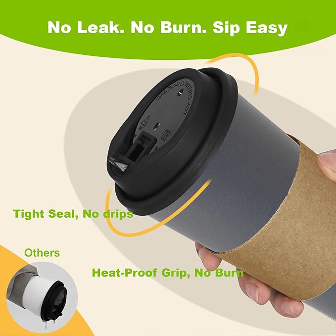 100 Pack 12 oz Disposable Coffee Cups with Lids and Sleeves, Leak-Proof To Go Coffee Cups, PLA Paper Coffee Cups for Hot Beverage