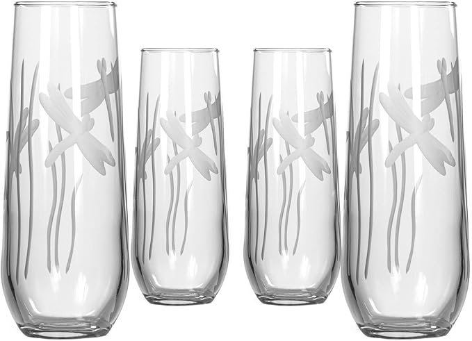Rolf Glass Dragonfly Stemless Champagne Flute Glasses 8.5 ounce Set of 4 - Toasting Flute Glasses - Lead-Free Glass - Etched Flute Glasses – Proudly Made in the USA