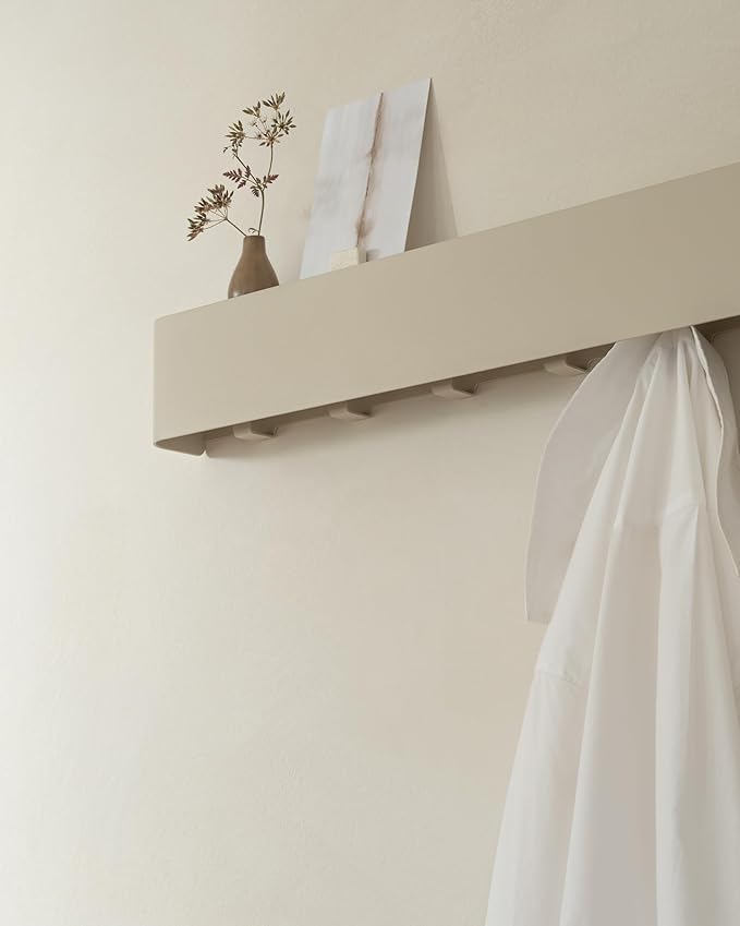 Kazai.® Coat Rack Wall Mount with Shelf 'Tone' | Modern Design Coat Hanger with Hidden Hooks and Storage | Hat Rack with Shelf in Metal | Wall-Mounted Purse Organizer | Taupe