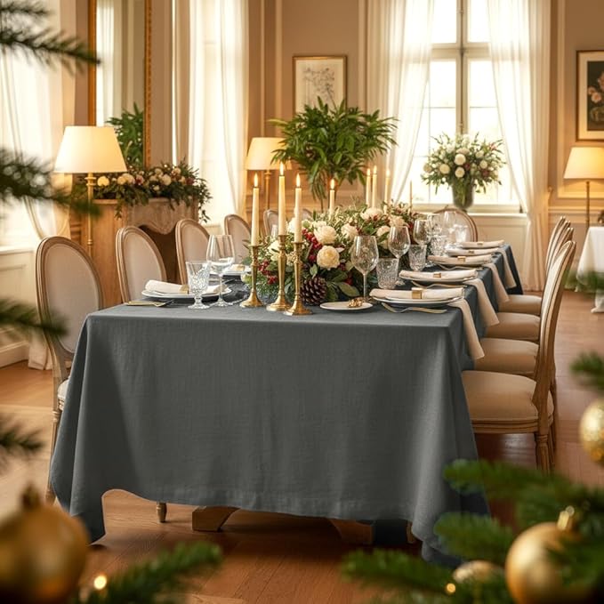 D'Moksha Homes Charcoal Grey Linen Tablecloth 60 x 84 Inch - 100% Pure Linen Table Cloth for Rectangle Tables - Machine Washable Cloth Tablecloth for Spring, Easter
