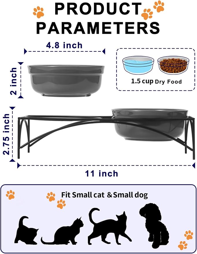 Y YHY Dog & Cat Food Bowls,12 OZ(1.5 Cup) Ceramic Raised Pet Bowls for Food and Water, Two Elevated Pet Dishes Bowls 2.75” Height Sturdy Metal Stand, Grey