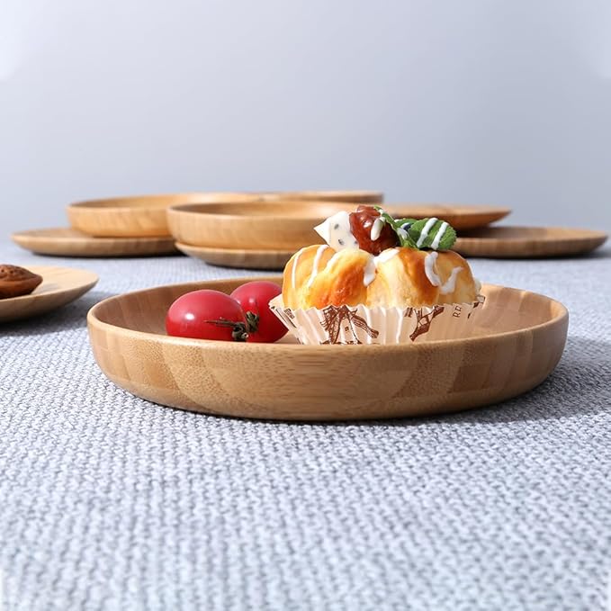 Bamboo Plates 7.5Inch Round Bamboo Plate Reusable Dinner Plate Tableware 4PCS Wooden Plates Lightweight Dishes Snack, Dessert, Unbreakable Classic Plate