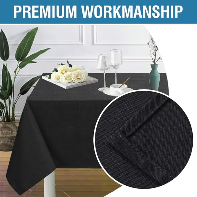 H.VERSAILTEX Linen Textured Table Cloths 60 x 84 Inch Premium Solid Tablecloth Spill-Proof Waterproof Table Cover for Dining Buffet Feature Extra Soft and Thick Fabric Wrinkle Free, Black