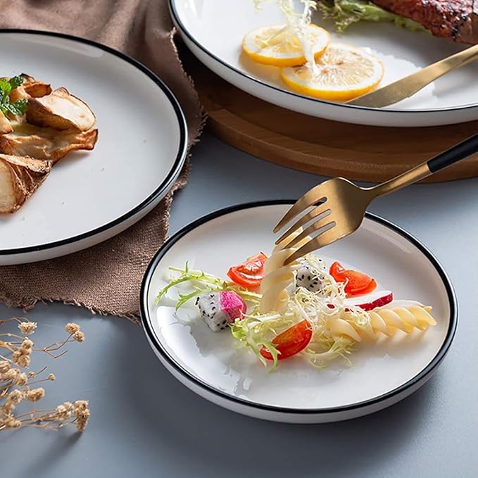 BonNoces 6-inch Small Porcelain Appetizer Plates, White with Black Edges Dinner Side Dishes Serving Plate, Dessert, Salad, Snacks Plate, Set of 6
