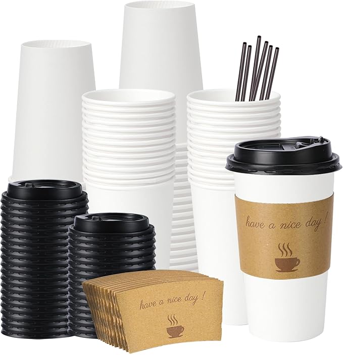 50 Pack 20 oz Disposable Paper Coffee Cups, Paper To Go Cups with Lids, Sleeve and Straw, Hot Paper Cups for Home, Office and Party (White 20oz)