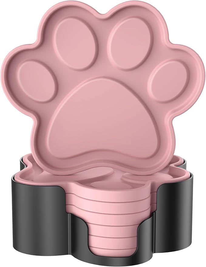 ME.FAN Silicone Coasters 6 Pack Paw Cup Mat with Holder, Dog Cat Paw Shape, for Hot or Cold Drink, Non-Slip, Non-Stick, Room Decor, Housewarming Dusty Rose