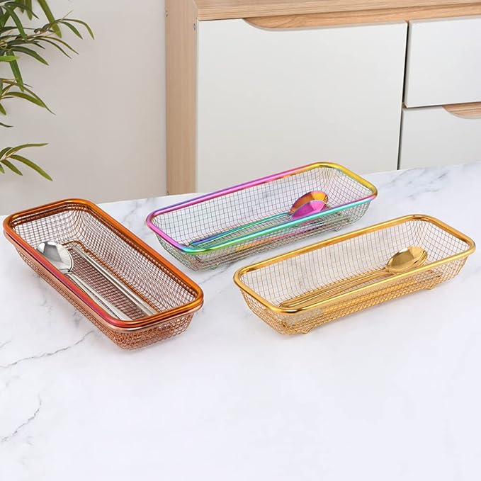 Kitchen Drawer Organizer, Stainless Steel Storage Container Metal Cabinet Storage Basket for Holding Silverware Kitchen Utensil, Pack of 2
