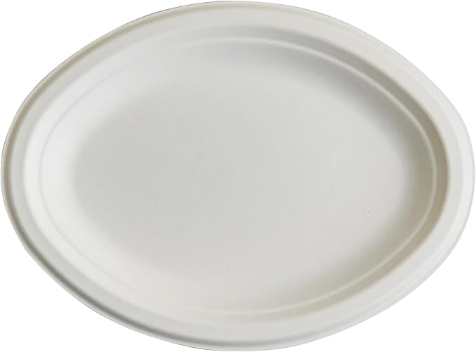 CIAO! 10"X12" Heavy Duty Oval Plate 100% Compostable PFAS Free Unbleached Bagasse Natural White (Pack of 500)