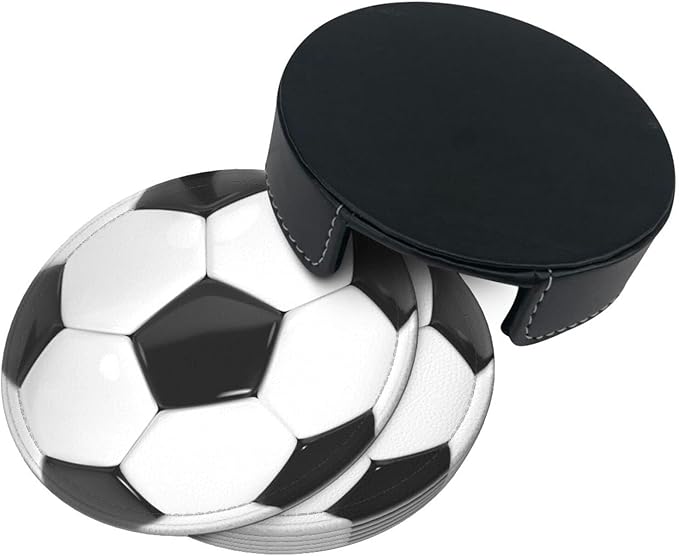Football Soccer Coasters for Drinks with Holder Leather Coasters Set of 6 for Coffee Table