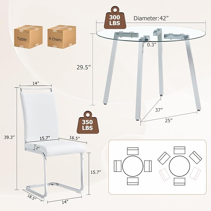 42" Round Glass Dining Table Set for 4,Modern Breakfast Table Set for 4 with Silver Chrome Legs,Space Saving Kitchen Table and White Chairs for Apartment,Easy Assembly