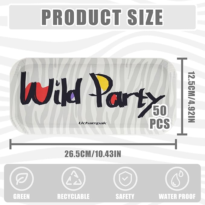 50 Pack 10.43 Inch Rectangle Paper Plates, Heavy Duty Disposable Plates Decorative Plates Party Plate Food Trays for Tacos, Dessert, Snack, Salad, Pasta, Camping Picnic Party (Zebra Stripe)
