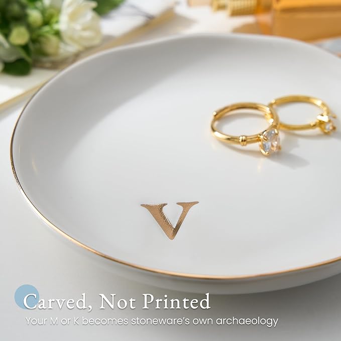 Lolalet Handmade Ceramic Ring Dish Jewelry Tray Plate with Initial, Small Monogram Gift for Her Women Girls Mother, Hostess, Engagement, Bridal Shower, Maid of Honor, Bridesmaid, Birthday, Christmas