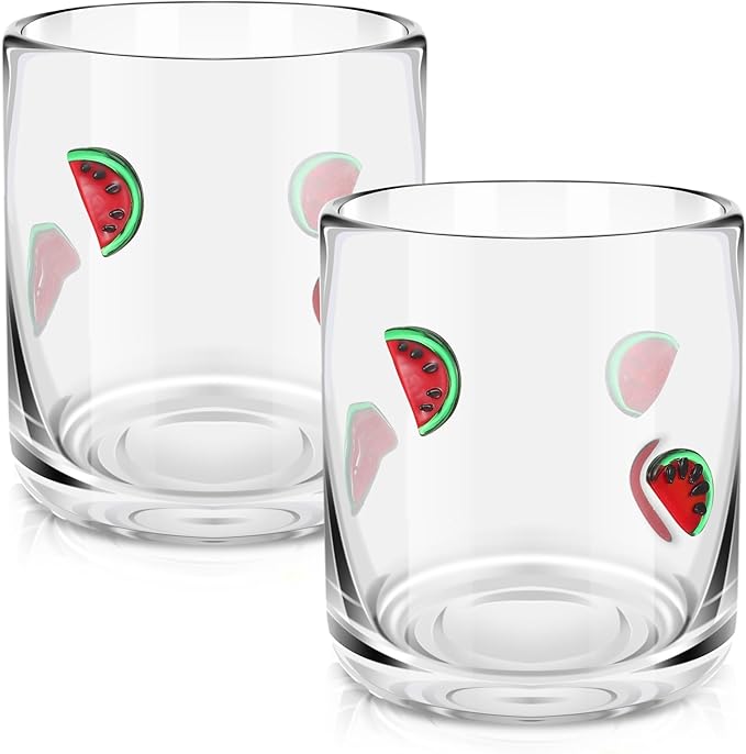 Icon Juice Glasses, 14oz Stemless Wine Drinking Juice Glass Cup for Valentine Party Supplies Gift(2 Pcs,Watermelon)