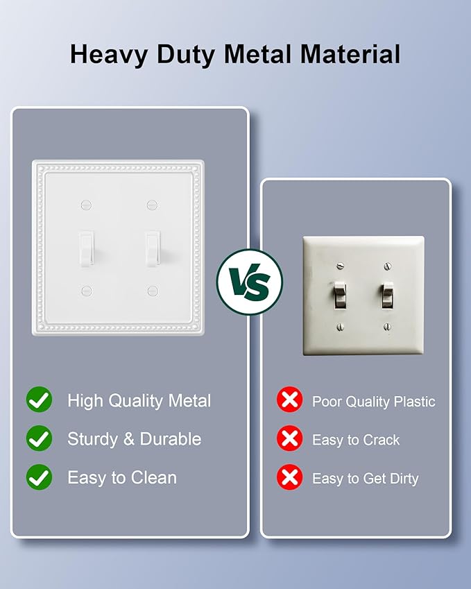 2-Pack Double Toggle Light Switch Cover Plate, Pearls Decorative Dual Switch Plate Covers, Pure White 2 Gang Metal Wall Plate, Corrosion Resistant