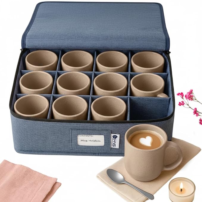 Mug Storage Container - Hard Shell China Organizer with Dividers – Holds 12 Mugs - Durable & Stackable Storage Box for Seasonal Dishware Protection - Denim Blue