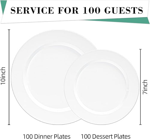 200PCS White Plastic Plates, Heavy Duty Plastic Plate Disposable, Include 100 Dinner and 100 Dessert Plates for Party and Wedding