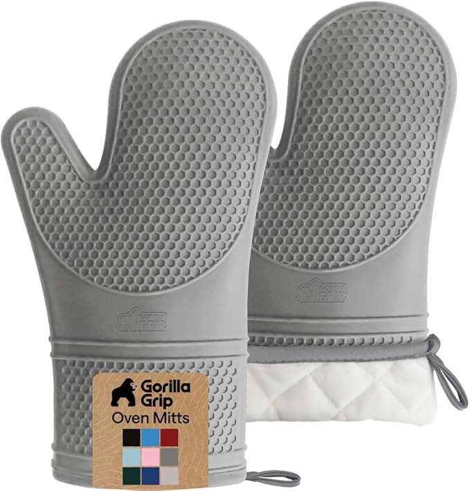 GORILLA GRIP BPA-Free Soft Silicone Oven Mitts, Heat Resistant and Waterproof Cooking Gloves, Thick Cotton Lining, Flexible Gripping for Baking Grilling, Kitchen Potholders Set of 2, 12.5x8.3, Gray