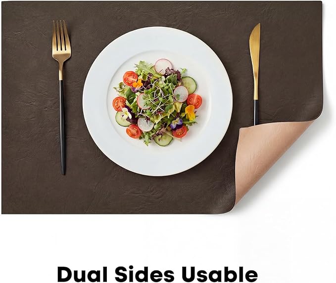 Artoid Mode Coffee Faux Leather Placemats Set of 4, 12x18 Inch Waterproof Wipeable Heat Resistant Vinyl Place Mats, Reversible Table Mats for Kitchen Dining Decor