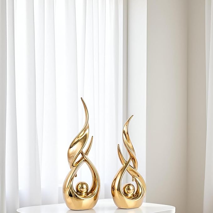 XMGZQ Gold Ceramic Abstract 2 Piece Statue Set,Mid Century Modern Abstract Art Home Decor Statue Mantelpiece on Unique Shelf Decor, TV Cabinet Divider Table top and Dining Table Centerpiece (Gold)