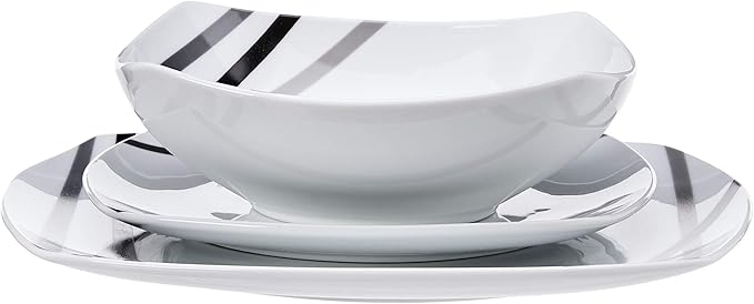 Amazon Basics 18 Piece Kitchen Dinnerware Set - Square Plates, Bowls, Service for 6 - Modern Beams
