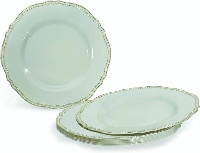 " OCCASIONS " 50 Plates Pack (25 Guests)-Heavyweight Wedding Party Disposable Plastic Plate Set -25 x 10.25'' Dinner + 25 x 7.5'' Salad/dessert plates (Rochelle Seafoam/Mint and Gold))