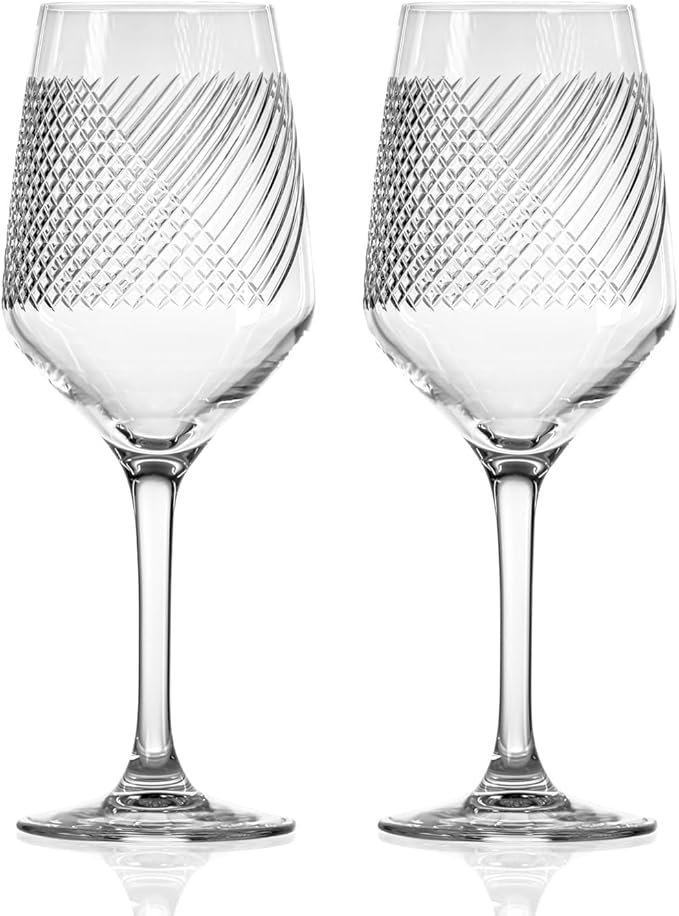 Rolf Glass Bourbon Street White Wine Glass | Set of 2 Stemmed Glasses | 10.75oz Lead-Free Tumblers | Diamond-Wheel Engraved and Polished | Classically Modern Designs | Made in the USA