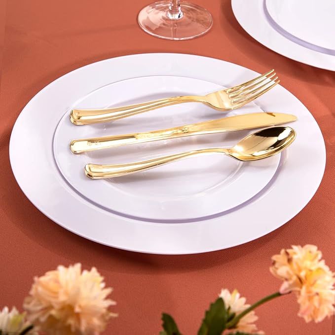 U-QE 150PCS White Plastic Plates with Gold Cutlery - Include 60 Dinner and Dessert Plates, 30 Forks, 30 Knives, 30 Spoons, Ideal for Wedding and Party