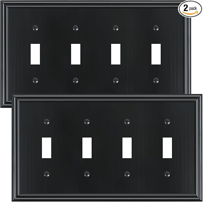 2-Pack Quad Toggle Light Switch Cover Plate, Durable Zinc Alloy Decorative Switch Plate Covers, Black 4 Gang Wall Plate for Toggle Light Switch and Rotary Dimmer Switch