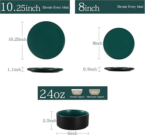 12 Piece Ceramic Dinnerware Set for 4, Modern Minimalist Stoneware Dinner Plates and Bowls, Microwave Safe, Dishwasher Safe, Versatile for All Seasons, Matte Green