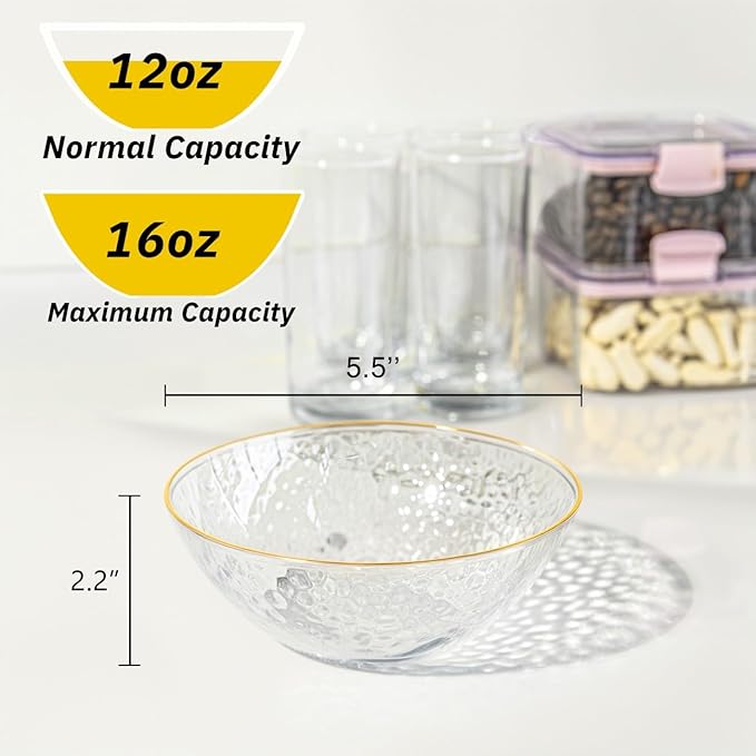 I00000 50 Pack 12 Ounce Clear Plastic Bowls Hammered with Gold Rimmed, Heavy Duty Disposable Bowl Set,Small Bowls for Valentine's Day