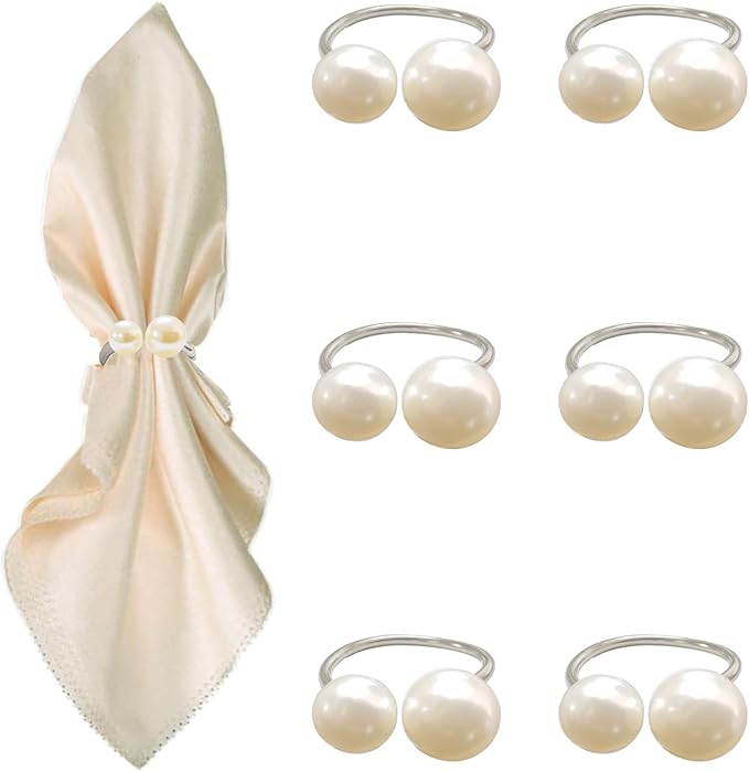 6 Pcs Silver Napkin Rings - Pearl Napkin Rings,Metal Napkin Ring for Table Settings Wedding Christmas Party Dinner Table