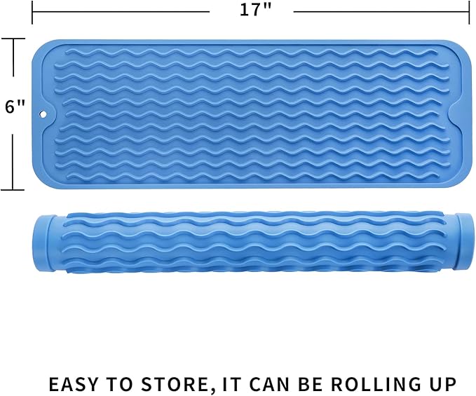 Silicone Dish Drying Mat for Multiple Usage,Easy clean,Eco-friendly,Heat-resistant Silicone Mat for Kitchen Counter,Sink,Bar,Bottle,or Cup Lichen Blue M 17 inches x 6 inches