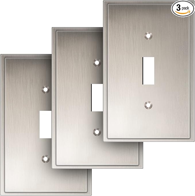 Henne Bery Soft Modern Decorative Wall Plate Switch Plate Outlet Cover (Single Toggle 3PK, Satin Nickel)