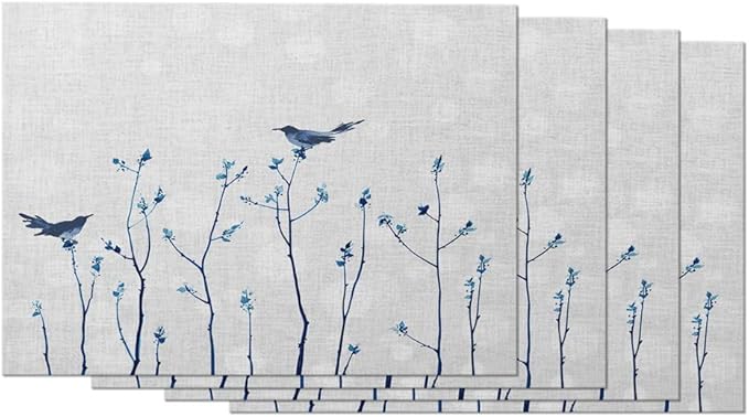 Moslion Watercolor Robin Placemats Animal Birds Sitting On Tree Branch Floral Leaves Nature Table Placemats for Dinning Table Washable Cotton Linen 12x18 Inch, Set of 4…