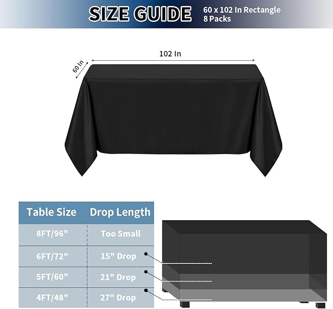 PureFit 8 Pack Rectangle Black Table Cloths 60 x 102 Inch for 6Ft Tables, Stain and Wrinkle Resistant Table Linens for Home Use, Wedding, Party, Banquet and Camping