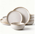 AmorArc Ceramic Dinnerware Sets, Wavy Rim Stoneware Plates and Bowls Sets, Highly Chip and Crack Resistant | Dishwasher & Microwave Dishes set, Service for 4 (12pc)-Cappuccino