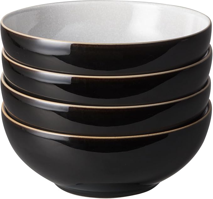 Denby - Elements Black Cereal Bowls Set of 4-28oz Everyday Soup, Dessert Bowls - Contemporary Design With Black Detail - Dishwasher & Microwave Safe Ceramic Stoneware Tableware - Scratch Resistant