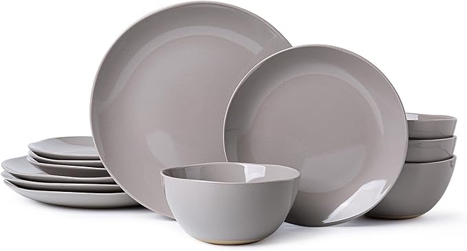 Dinnerware Sets for 4, 12 Pieces Stoneware Plates and Bowls Sets, Dishwasher&Microwave Safe,Modern Minimalist Tableware for Everyday Use, Grey
