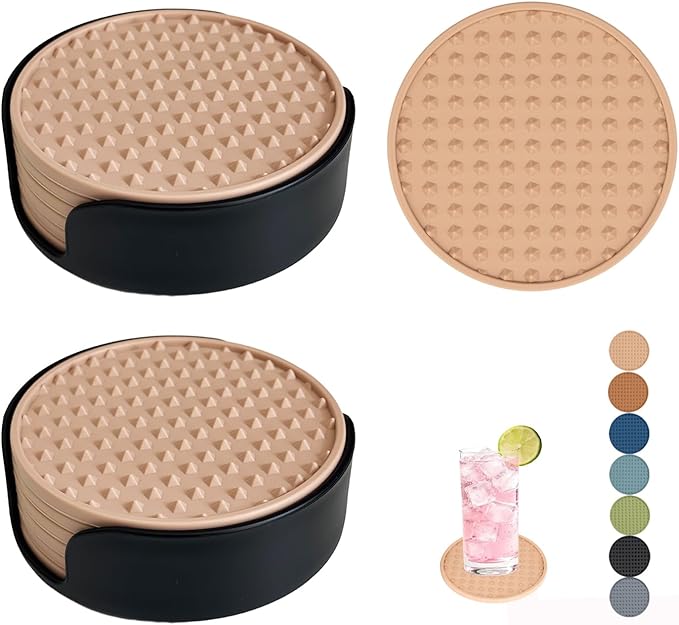 Set of 12 Silicone Coasters, 4'' Drink Coaster with Holder, Round Coasters for Drinks Beer Coffee Home Office Bar Desk Tabletop Protection, Non-Slip Rubber Coaster (Pink, 12 Pcs-Plastic Holder)