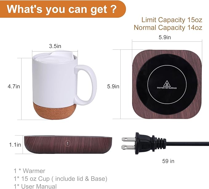 Coffee Mug Warmer & Mug Set for Desk, Electric Coffee Cup Warmer with Ceramic Mug, Smart Heated Coffee Mug with Auto Shut Off for Office/Home, Christmas/Birthday/Coffee Gifts for Men & Women, Wood