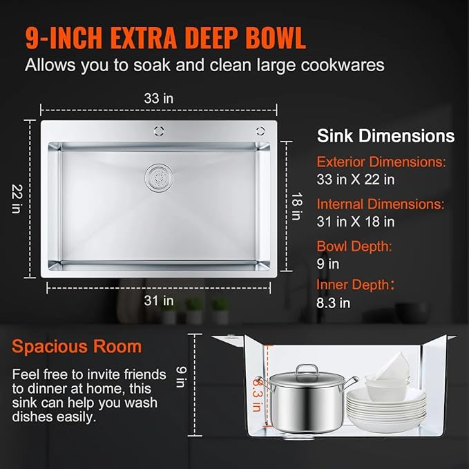 33x22 Inch Drop in Kitchen Sink, 9" Deep Large Top Mount Single Bowl Sinks,Nano Coating Extra-thick Stainless Steel Kitchen Laundry Room Sinks with Accessories Strainer