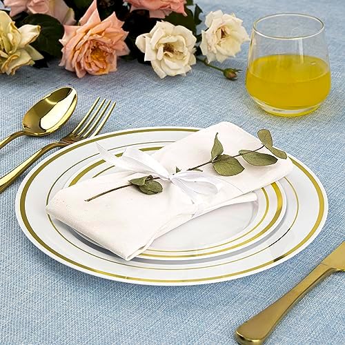 SETUP Case of 300 White Gold Rimmed Plastic Plates - Premium Heavy-Duty Disposable Plates for Wedding and Party, 150 10.25" Dinner and 150 7.5" Salad Plates - Image 6