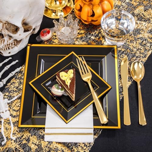 Festiva 350Pcs Black and Gold Plastic Plates-50Guests Disposable Square Black Dinnerware Set include 100 Plastic Plates,50Cups,150Plastic Cutlery,50Napkins for Halloween &Wedding - Image 3